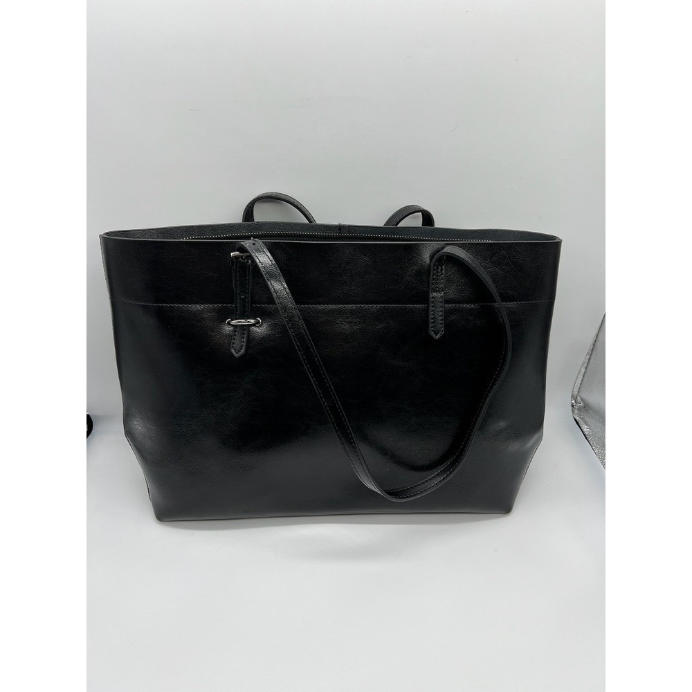 Kattee Large Black Leather Tote Shoulder Bag, Purse, 2 Handles Zippered Pockets